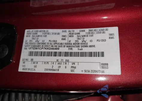 2019 Ford F150 Xlt z USA, uszkodzony, nr VIN 1FTEW1CP7KKD46489